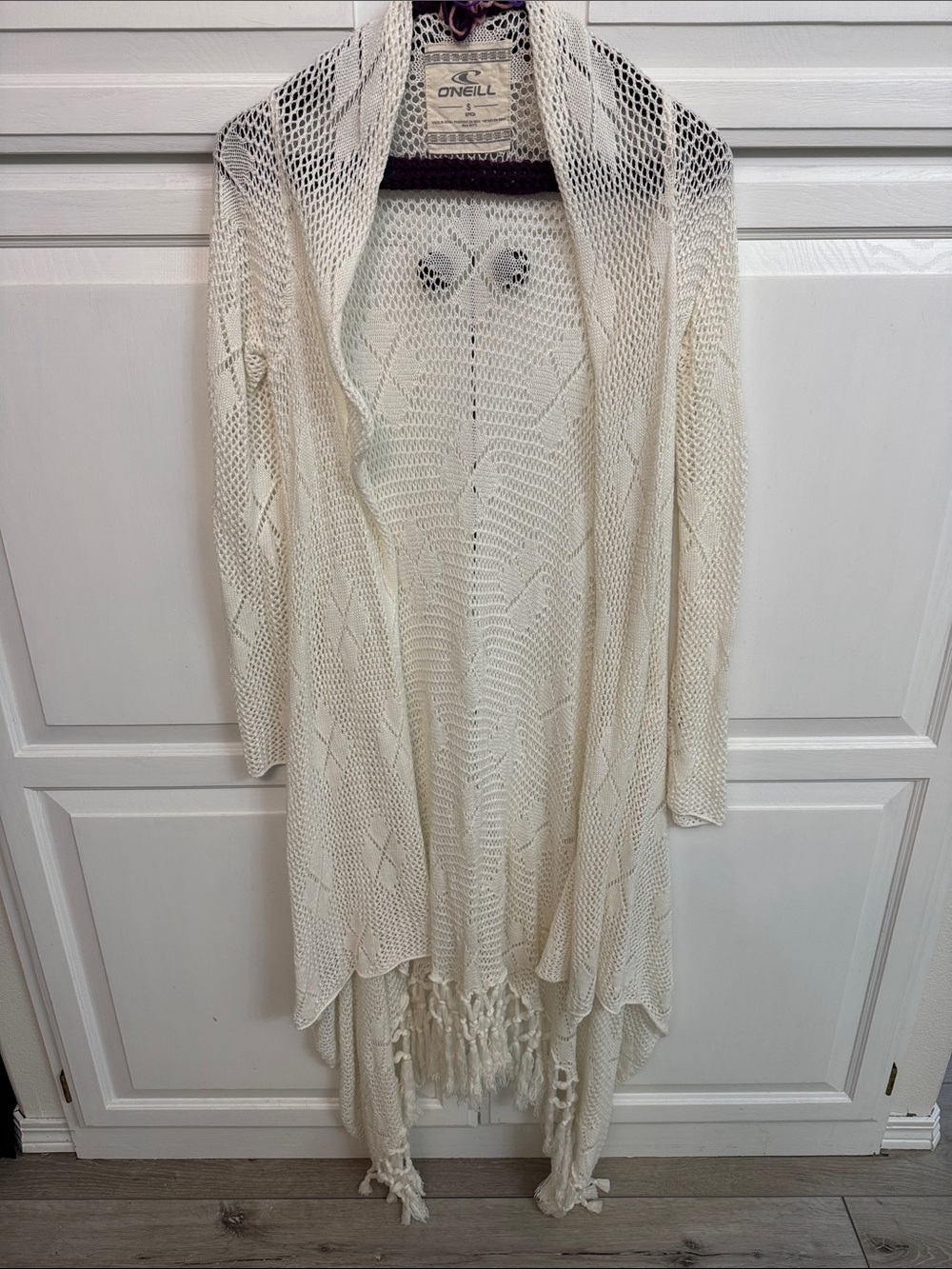 O'Neill Cream Open-Weave Fringe Cardigan. Lace cottagecore. Size S